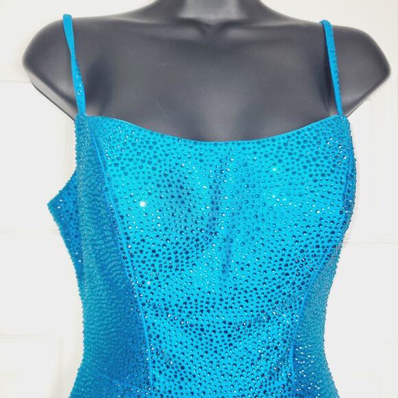 Sherri Hill Dress 00 Blue Prom Sequined Maxi High Slit Cut Out Lace Up Back - Picture 4 of 15